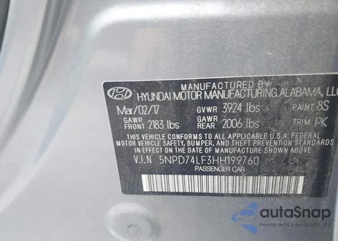 2017 Hyundai Elantra Se z USA, uszkodzony, nr VIN 5NPD74LF3HH199760